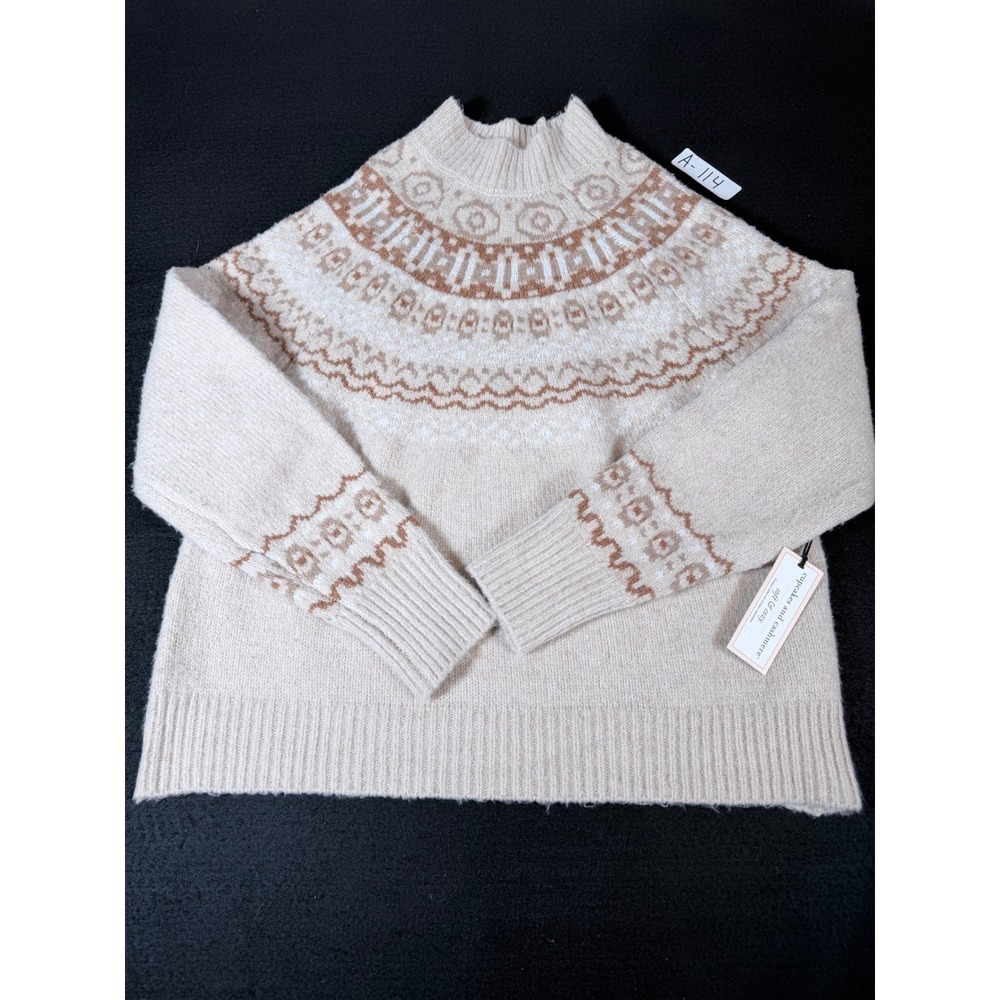 Cupcakes and Cashmere Women Beige Fair Isle Mock Neck Knit Sweater Small NWT